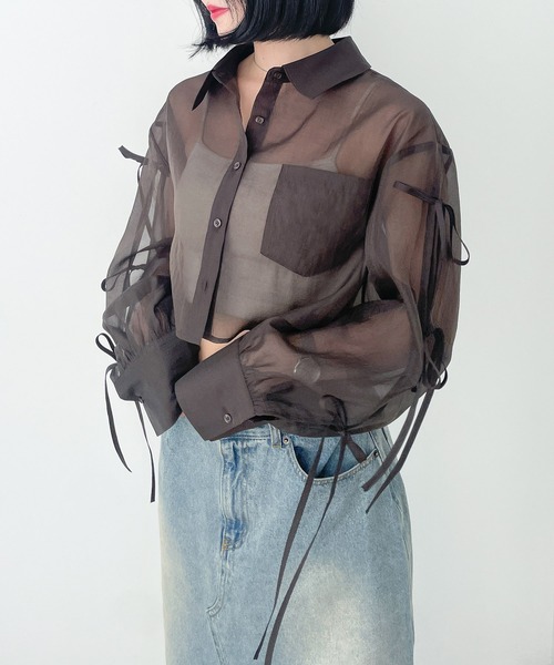 ぽんた　ページ Heather（ヘザー）の「袖リボンシアーシャツ 137977（シャツ/ブラウス