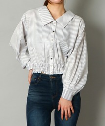 《BIG襟×ウエストギャザー》レディース ストライプシャツ 多ボタンデザイン 春夏秋