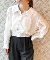 《BIG襟×ウエストギャザー》レディース ストライプシャツ 多ボタンデザイン 春夏秋