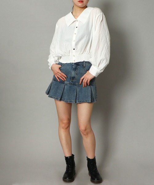 GORGE（ゴージ）の「《BIG襟×ウエストギャザー》レディース ストライプシャツ 多ボタンデザイン 春夏秋（シャツ/ブラウス・レディース・ホワイト×ネイビー/オフホワイト/ホワイト系その他・F）」の4枚目の写真