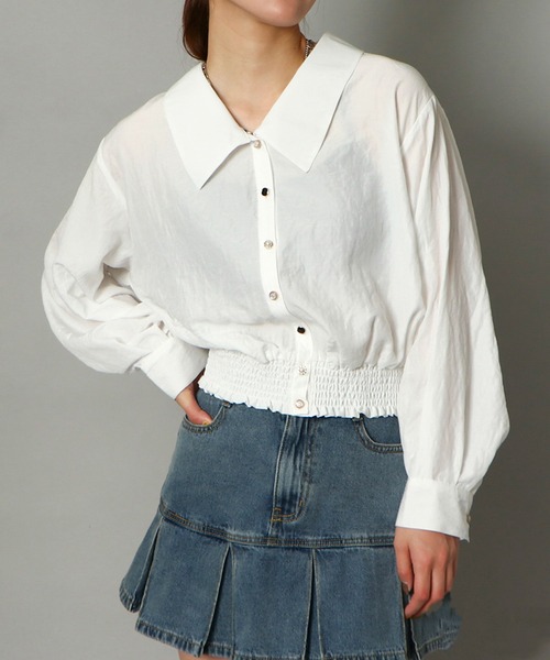 GORGE（ゴージ）の「《BIG襟×ウエストギャザー》レディース ストライプシャツ 多ボタンデザイン 春夏秋（シャツ/ブラウス・レディース・ホワイト×ネイビー/オフホワイト/ホワイト系その他・F）」の7枚目の写真