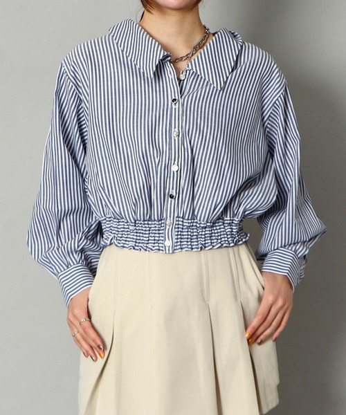 GORGE（ゴージ）の「《BIG襟×ウエストギャザー》レディース ストライプシャツ 多ボタンデザイン 春夏秋（シャツ/ブラウス・レディース・ホワイト×ネイビー/オフホワイト/ホワイト系その他・F）」の8枚目の写真