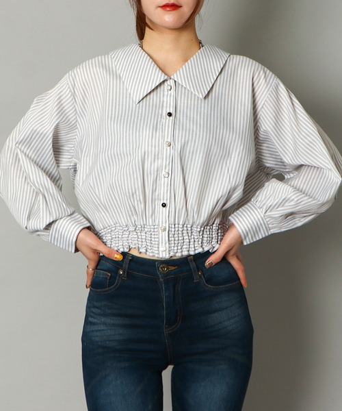 GORGE（ゴージ）の「《BIG襟×ウエストギャザー》レディース ストライプシャツ 多ボタンデザイン 春夏秋（シャツ/ブラウス・レディース・ホワイト×ネイビー/オフホワイト/ホワイト系その他・F）」の9枚目の写真