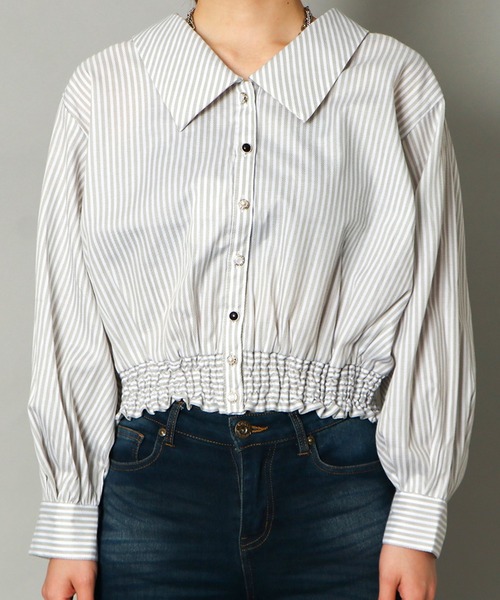 GORGE（ゴージ）の「《BIG襟×ウエストギャザー》レディース ストライプシャツ 多ボタンデザイン 春夏秋（シャツ/ブラウス・レディース・ホワイト×ネイビー/オフホワイト/ホワイト系その他・F）」の10枚目の写真