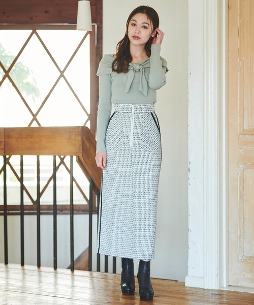 セール】ライン入りフロントジップツイードスカート（スカート）｜31