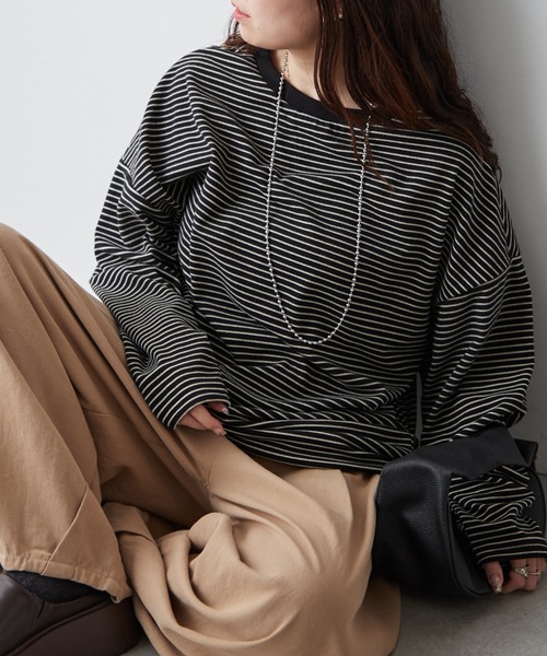 Another Branch olive des olive（アナザーブランチオリーブデオリーブ）の「【UNISEX】もちもちボーダーＰＯ（Tシャツ/カットソー・レディース・グリーン/ブルー/ブラック・FREE）」の4枚目の写真