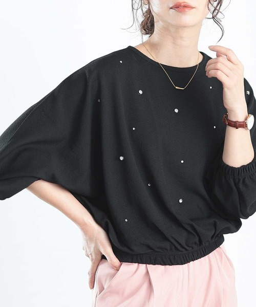 Sawa a la mode(サワアラモード)の「ビジュープルオーバートップス(Tシャツ/カットソー・レディース・ブラック/ベージュ・FREE)」の1枚目の写真
