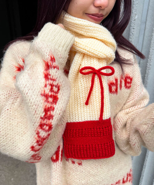 CIAOPANIC（チャオパニック）の「リボン付き配色マフラー（マフラー・レディース・キャメル/グレー/オフホワイト・FREE）」の2枚目の写真