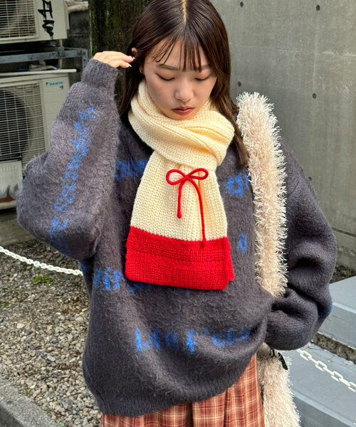 CIAOPANIC（チャオパニック）の「リボン付き配色マフラー（マフラー・レディース・キャメル/グレー/オフホワイト・FREE）」の7枚目の写真