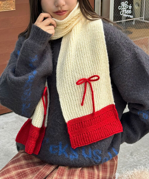 CIAOPANIC（チャオパニック）の「リボン付き配色マフラー（マフラー・レディース・キャメル/グレー/オフホワイト・FREE）」の8枚目の写真