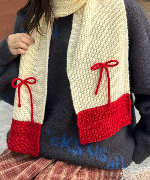 CIAOPANIC（チャオパニック）の「リボン付き配色マフラー（マフラー・レディース・キャメル/グレー/オフホワイト・FREE）」の10枚目の写真