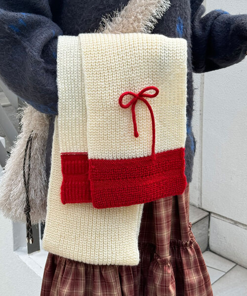 CIAOPANIC（チャオパニック）の「リボン付き配色マフラー（マフラー・レディース・キャメル/グレー/オフホワイト・FREE）」の12枚目の写真