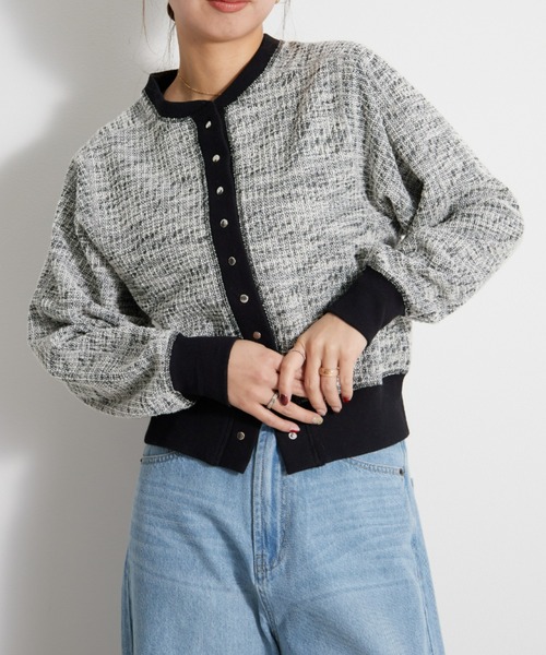 UNDOVE(アンドゥーブ)の「〈UNDOVE〉【UV対策/ウォッシャブル/上品カジュアル/シルバーボタン/ドットボタン】ツイード見えカーディガン(カーディガン/ボレロ・レディース・ブラック・MEDIUM/LARGE/X-LARGE)」の5枚目の写真