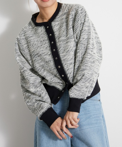 UNDOVE(アンドゥーブ)の「〈UNDOVE〉【UV対策/ウォッシャブル/上品カジュアル/シルバーボタン/ドットボタン】ツイード見えカーディガン(カーディガン/ボレロ・レディース・ブラック・MEDIUM/LARGE/X-LARGE)」の6枚目の写真