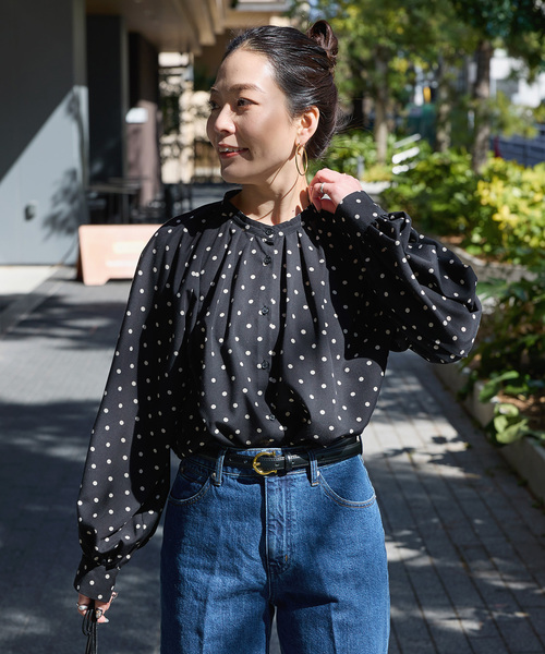 y's ワイズ ドット柄 スタンドカラー ブラウス シャツ Y's.」滲んだ水玉模様のユニセックスウェア、ギャザー