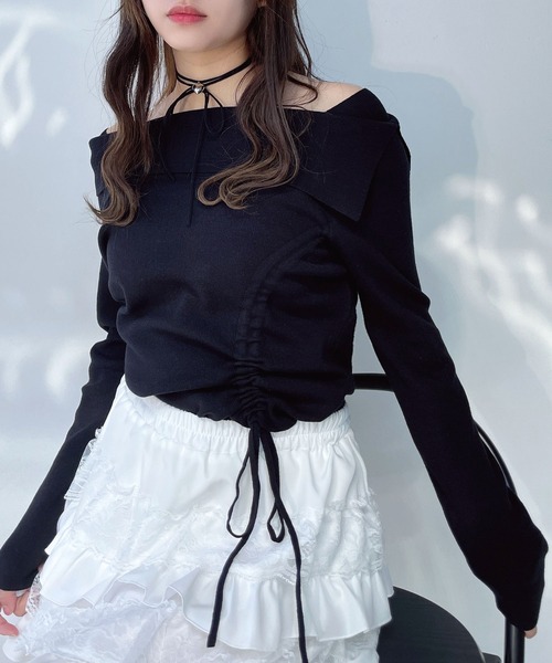 AS KNOW AS plus（アズノゥアズプラス）の「●オフショル風シャーリングデザインプルオーバー（Tシャツ/カットソー・レディース・オフホワイト/ブラック/杢グレー/シルバー・FREE）」の3枚目の写真