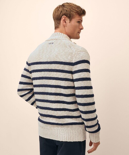 BROOKS BROTHERS(ブルックスブラザーズ)の「コットン/リネン マリナーストライプ モックネックカーディガン(カーディガン/ボレロ・メンズ・オートミール・MEDIUM/LARGE/X-LARGE/SMALL)」の2枚目の写真