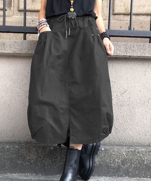 SallyLunn（サリーラン）の「【選べる5カラー/M～XLサイズ展開♪】裾ゴムAラインミディ丈スカート（スカート・レディース・ブラック/ベージュ/ネイビー/グレー/オリーブ・MEDIUM/LARGE/X-LARGE）」の2枚目の写真