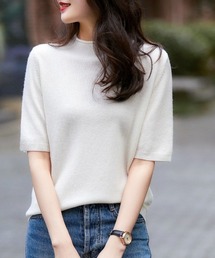 夏に映える軽やかな着心地、UV対策も叶う上品半袖サマーニット。きれい見えする夏服半袖ボトルネックニットトップス