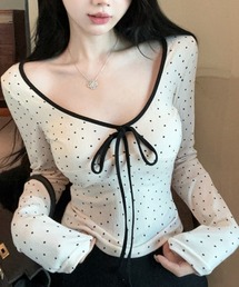 Teem Store（チームストア）の「リボンネックデザイン　配色ドットロンT（Tシャツ/カットソー・レディース）」