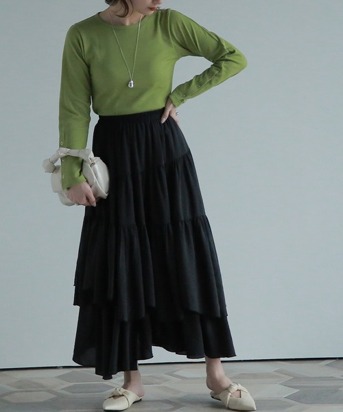 SUNFLOWER EIGHT（サンフラワーエイト）の「袖ボタンリブトップス（Tシャツ/カットソー・レディース・グリーン/ホワイト/ブラック・FREE）」の6枚目の写真