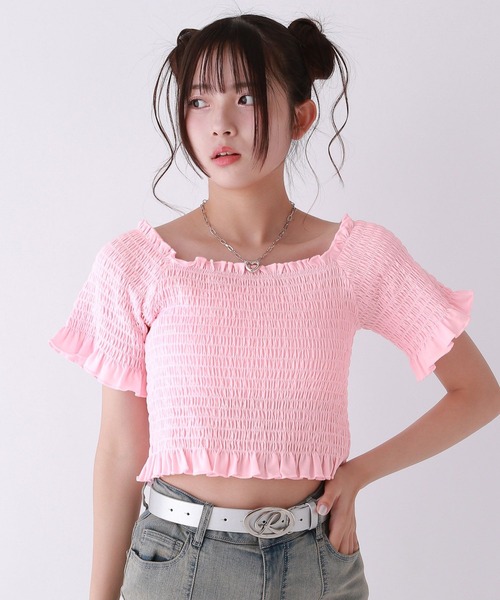 repipi armario（レピピ アルマリオ）の「【2WAY】シャーリングショートトップス（Tシャツ/カットソー・キッズ・ピンク/ホワイト/ブラック・LARGE/MEDIUM/SMALL）」の3枚目の写真