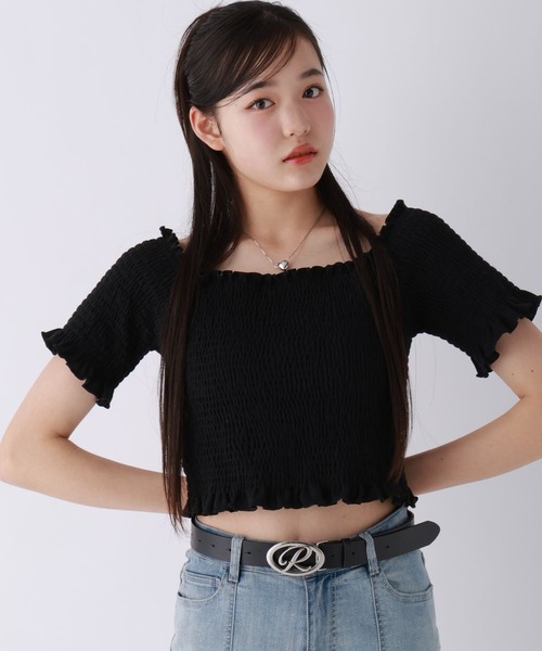 repipi armario（レピピ アルマリオ）の「【2WAY】シャーリングショートトップス（Tシャツ/カットソー・キッズ・ピンク/ホワイト/ブラック・LARGE/MEDIUM/SMALL）」の2枚目の写真
