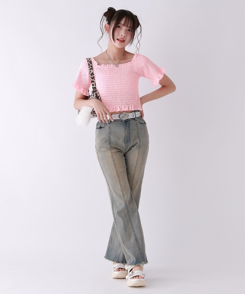 repipi armario（レピピ アルマリオ）の「【2WAY】シャーリングショートトップス（Tシャツ/カットソー・キッズ・ピンク/ホワイト/ブラック・LARGE/MEDIUM/SMALL）」の8枚目の写真