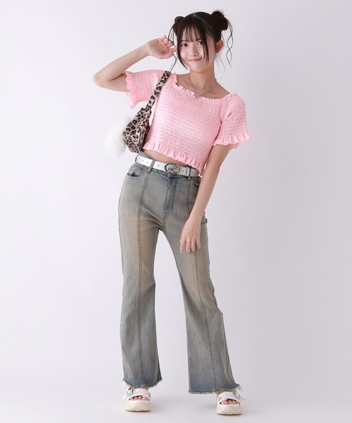 repipi armario（レピピ アルマリオ）の「【2WAY】シャーリングショートトップス（Tシャツ/カットソー・キッズ・ピンク/ホワイト/ブラック・LARGE/MEDIUM/SMALL）」の9枚目の写真