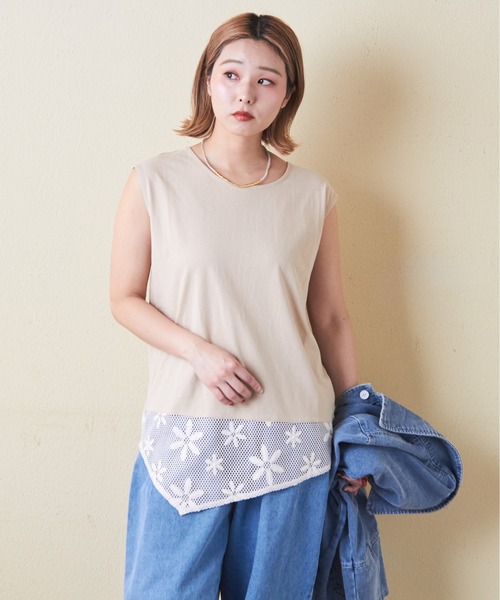 セール】32/-OE天竺裾花柄メッシュノースリーブ（タンクトップ