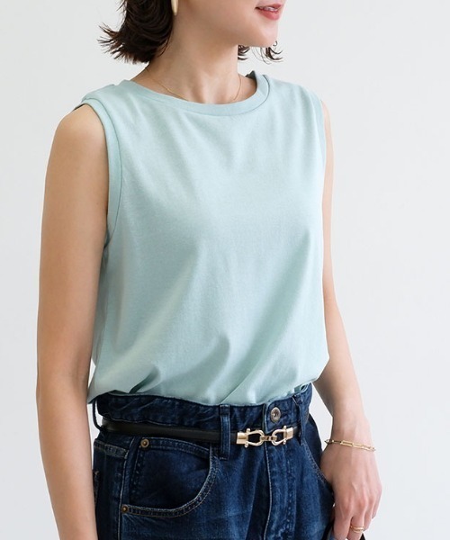 CLOTHY(クロシィ)の「【細めのネック切替でキレイ見え♪】ラウンドへムノースリトップス(タンクトップ・レディース・ブラック/オフホワイト/カーキ/ブラウン/ピンク/ベージュ/パープル/ミント/ブルー/チャコールグレー・LARGE/MEDIUM)」の7枚目の写真