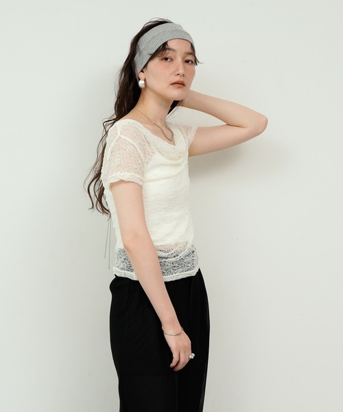 Lutim by u(ルチバイユー)の「Tulle Flower Lace Draped Collar Tops / チュールフラワーレースドレープカラートップス(Tシャツ/カットソー・レディース・ホワイト/アイボリー/ブラック・FREE)」の18枚目の写真