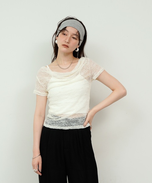 Lutim by u(ルチバイユー)の「Tulle Flower Lace Draped Collar Tops / チュールフラワーレースドレープカラートップス(Tシャツ/カットソー・レディース・ホワイト/アイボリー/ブラック・FREE)」の17枚目の写真