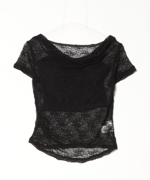 Lutim by u(ルチバイユー)の「Tulle Flower Lace Draped Collar Tops / チュールフラワーレースドレープカラートップス(Tシャツ/カットソー・レディース・ホワイト/アイボリー/ブラック・FREE)」の4枚目の写真