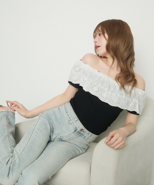 tシャツ レースフリルオフショルトップス レディース セール】レースフリルオフショルダー（Tシャツ/カットソー
