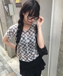 me　チェック柄半袖カットソー 新品・未使用】チェック柄カットソー 半袖 水色×白 L size
