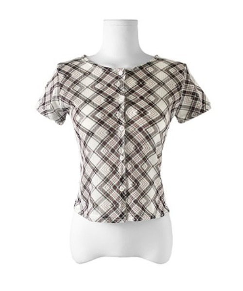 anyonemore（エニワンモア）の「チェック柄スリムフィット半袖カーディガン（Tシャツ/カットソー・レディース・アイボリー/チャコール・FREE）」の10枚目の写真