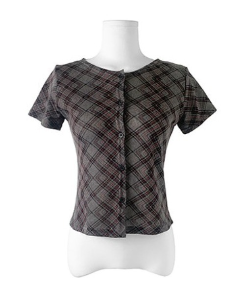 anyonemore（エニワンモア）の「チェック柄スリムフィット半袖カーディガン（Tシャツ/カットソー・レディース・アイボリー/チャコール・FREE）」の9枚目の写真