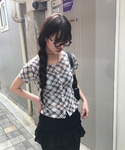 anyonemore（エニワンモア）の「チェック柄スリムフィット半袖カーディガン（Tシャツ/カットソー・レディース・アイボリー/チャコール・FREE）」の18枚目の写真