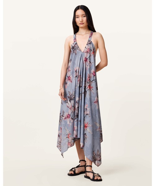 ALLSAINTS(オールセインツ)の「LIL ASYMMETRIC FLORAL PRINT MIDI DRESS | LIL アシンメトリック フローラル プリント ミディ ドレス・ワンピース(ワンピース・レディース・ブルー系その他・10/6/8/4)」の1枚目の写真