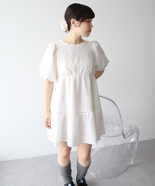 M me eme エムエメ　バックリボン フラワー ミニワンピース バックリボンパフスリーブミニワンピース / earth music&ecology