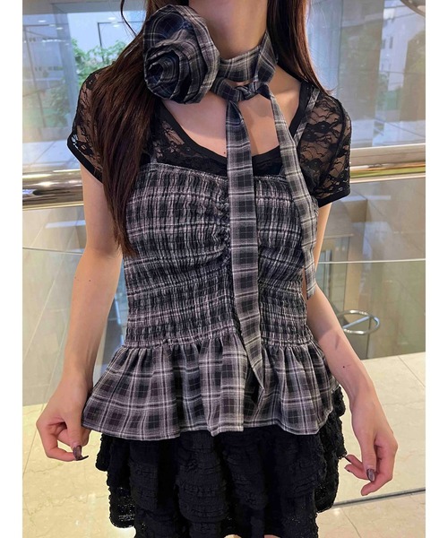 PHILLY（フィリー）の「《2点セット》ローズチョーカーセットチェックベアトップ（チューブトップ・レディース・ブラック/サックスブルー・FREE）」の2枚目の写真