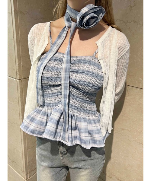 PHILLY（フィリー）の「《2点セット》ローズチョーカーセットチェックベアトップ（チューブトップ・レディース・ブラック/サックスブルー・FREE）」の6枚目の写真