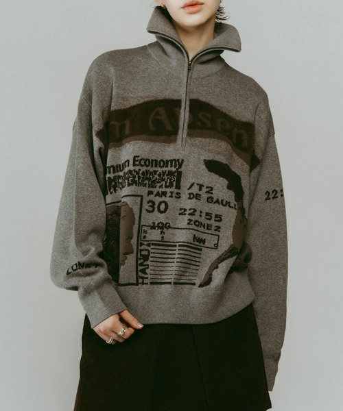 【Knuth Marf】 ハーフジップニットトップ Knuth Marf】concept jacquard knit/moss green/ハーフジップニット