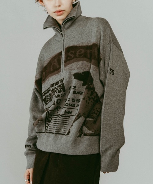 Knuth Marf】concept jacquard knit/moss green/ハーフジップニット