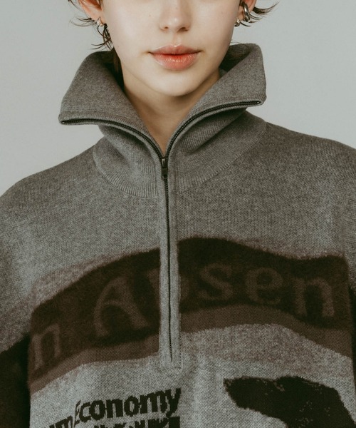 Knuth Marf】concept jacquard knit/moss green/ハーフジップニット