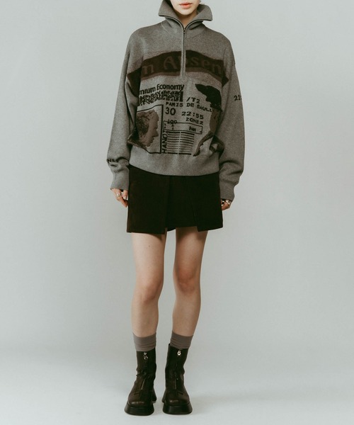 Knuth Marf】concept jacquard knit/moss green/ハーフジップニット