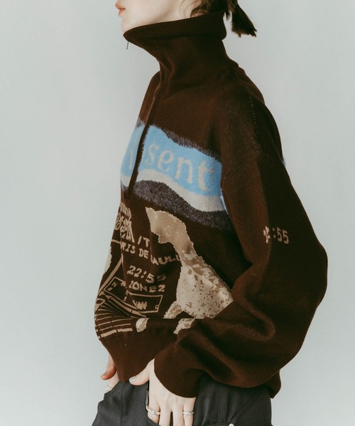 Knuth Marf】concept jacquard knit/moss green/ハーフジップニット