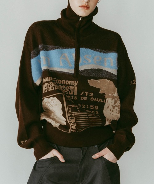 【Knuth Marf】 ハーフジップニットトップ Knuth Marf】concept jacquard knit/moss green/ハーフジップニット