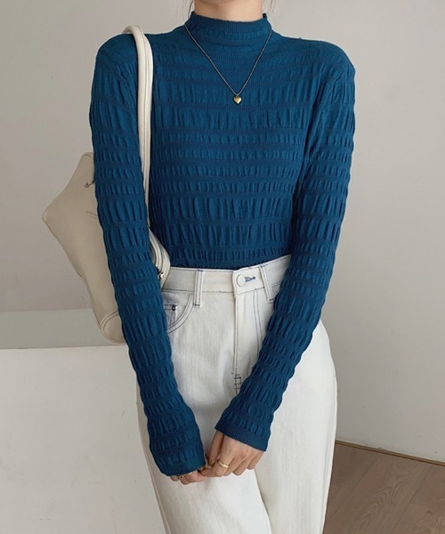 【値下げ】  青 リブ編みセーター セール】縦リブ編みニットトップス（ニット/セーター）｜ReRe（リリ